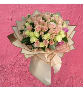 Bouquet of 51 White and Pink Roses